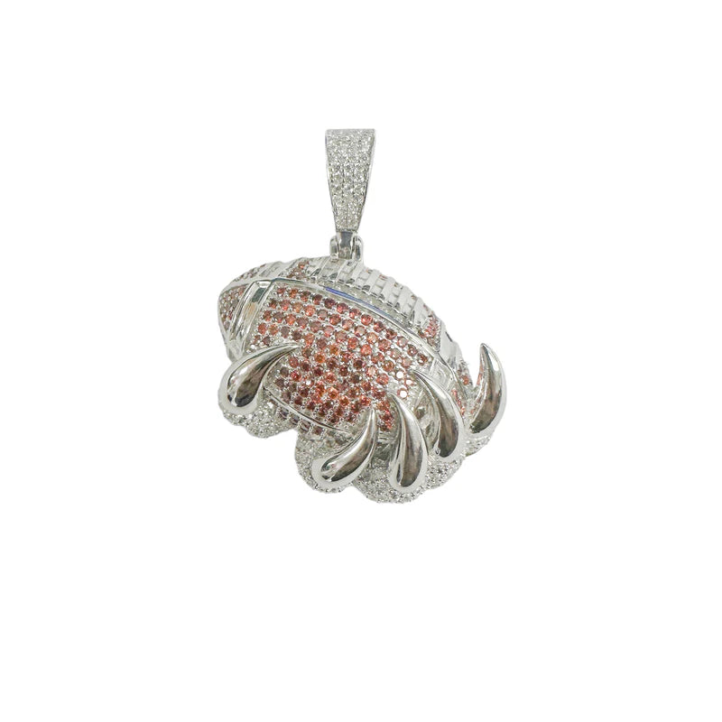 Rhodium Plated 925 Sterling Silver Claw Football Clear and Orange CZ Pendant