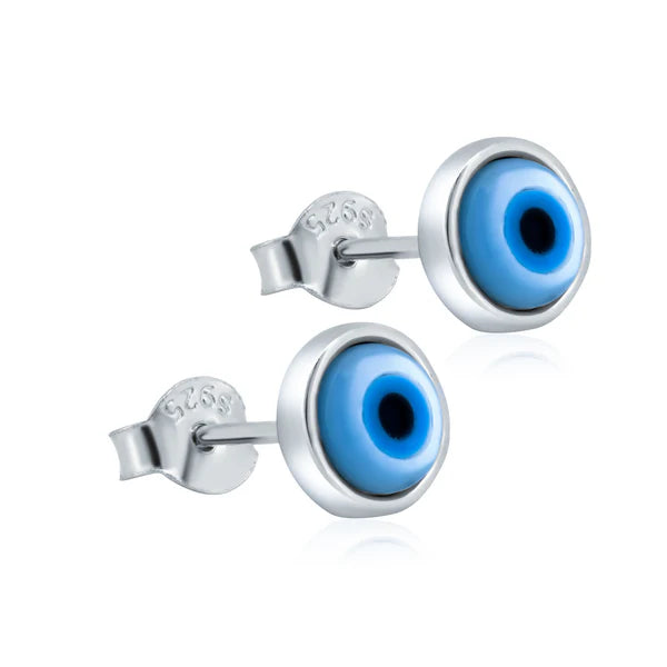 Rhodium Plated 925 Sterling Silver Round Evil Eye Mother of Pearl Earrings