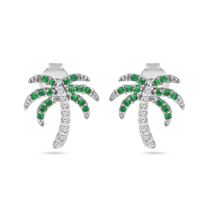 Silver 925 Rhodium Plated PalmTree Clear, Green and Black CZ Stud Earrings
