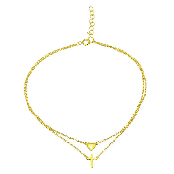 Gold Plated 925 Sterling Silver Cross and Heart Anklet