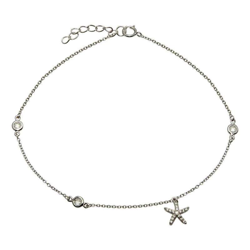 Silver 925 Rhodium Plated Starfish Anklet with CZ