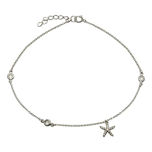 Silver 925 Rhodium Plated Starfish Anklet with CZ