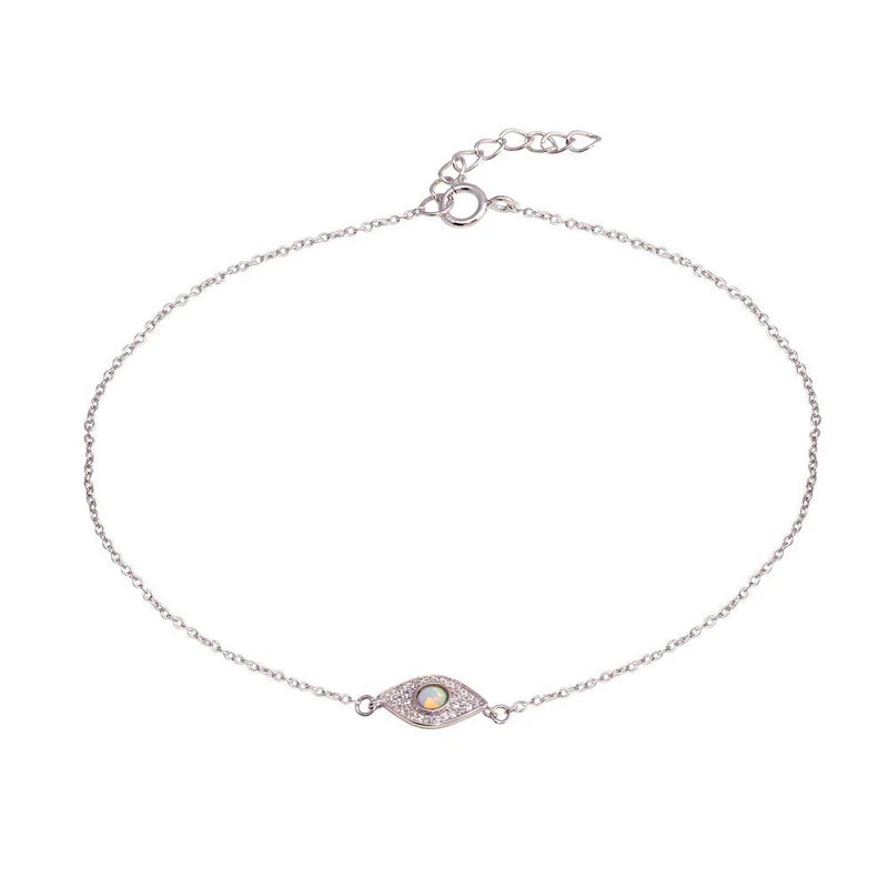 Silver 925 Rhodium Plated Evil Eye CZ Opal Anklet