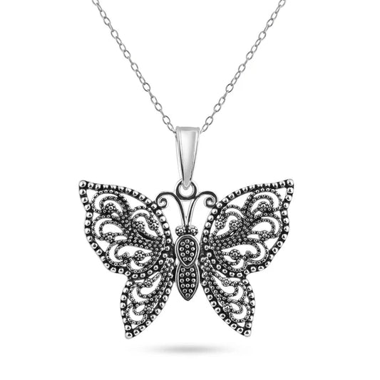 Oxidized 925 Sterling Silver Beaded Butterfly Pendant