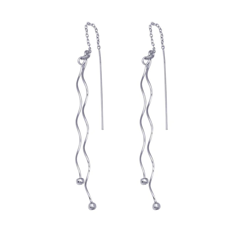 Silver 925 Rhodium Plated Two Twisted Wire Threaded Hanging Ball Hook Earrings