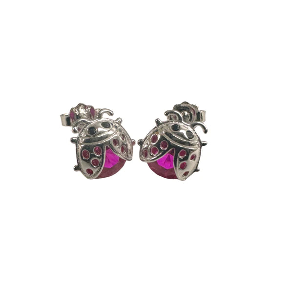 Sterling Silver Rhodium Plated Lady Bug Red CZ Stud