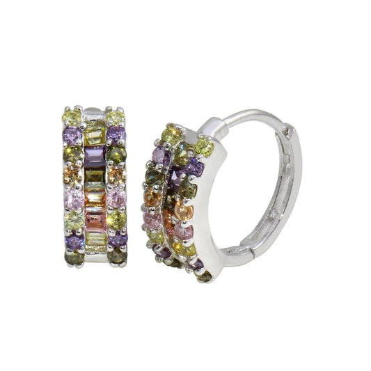 Silver 925 Rhodium Plated Multi-Colored CZ Stone huggiehoop Earrings