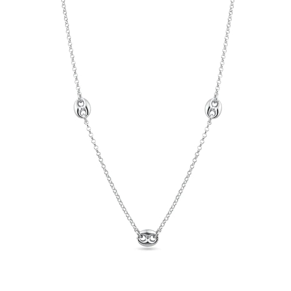 Silver 925 Rhodium Plated 3 Puffed Mariner Adjustable Link Necklace
