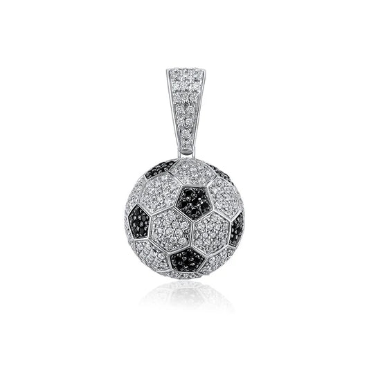 Rhodium Plated 925 Sterling Silver Football Soccer Clear and Black CZ Pendant