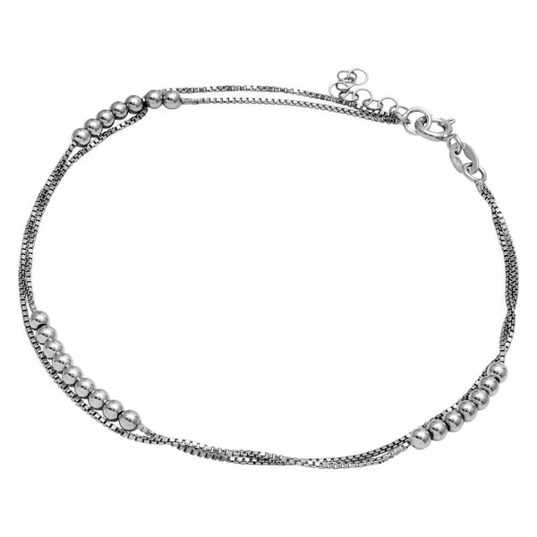 Rhodium Plated 925 Sterling Silver Double Strand Bead Anklet