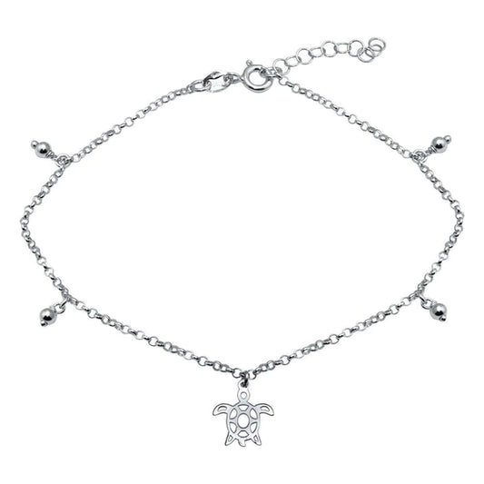 Silver 925 Rhodium Plated Turtle Charm Anklet