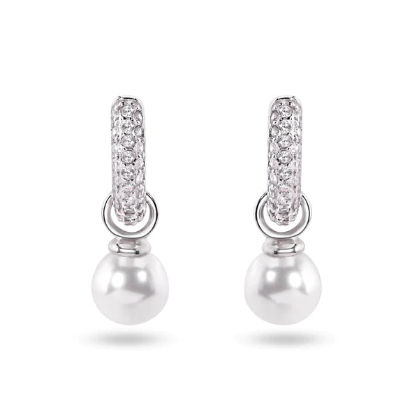 Sterling Silver Rhodium Plated Dangling Pearl Clear CZ