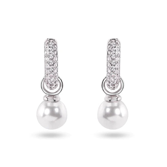 Sterling Silver Rhodium Plated Dangling Pearl Clear CZ