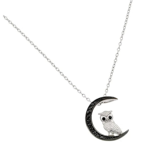 Silver 925 Black Rhodium Plated Moon and Owl Pendant Necklace