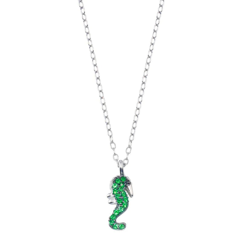 Silver 925 Rhodium Plated Green Seahorse Necklace