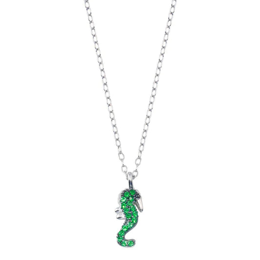 Silver 925 Rhodium Plated Green Seahorse Necklace