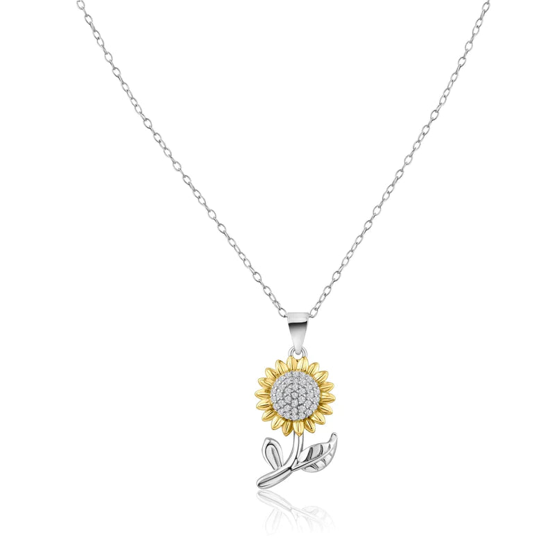 Silver 925 Rhodium Plated 2 Tone Sunflower CZ Pendant