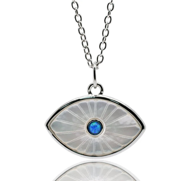 Rhodium Plated 925 Sterling Silver Synthetic White Pearl Evil Eye Blue CZ Pendant Necklace