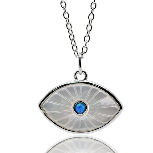 Rhodium Plated 925 Sterling Silver Synthetic White Pearl Evil Eye Blue CZ Pendant Necklace