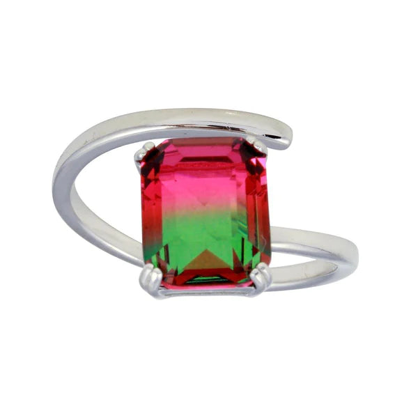 Silver 925 Rhodium Plated Rectangle Open Shank Green to Red Gradient CZ Ring