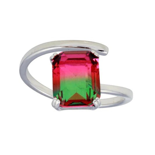 Silver 925 Rhodium Plated Rectangle Open Shank Green to Red Gradient CZ Ring