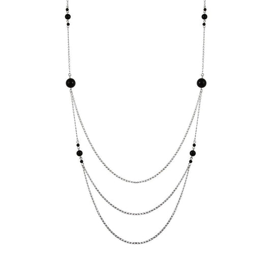 Silver 925 Rhodium Plated Silver Multi-Layered Chain Necklace with Beads