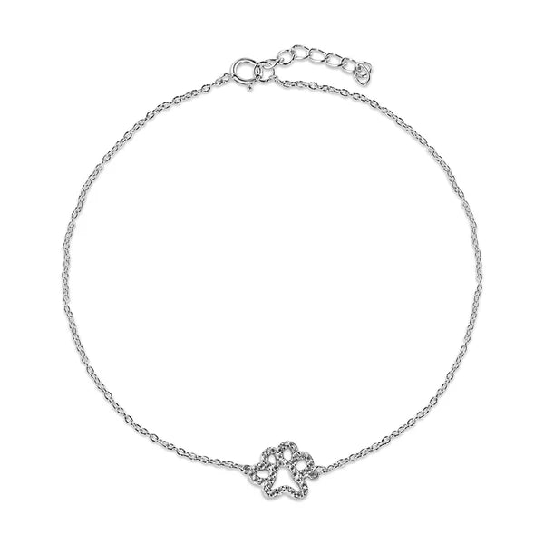 Rhodium Plated 925 Sterling Silver CZ Dog Paw Anklet