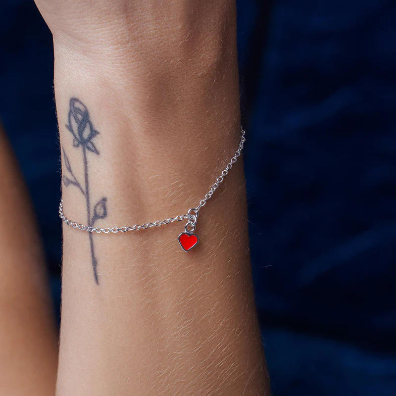 Silver 925 Rhodium Plated Rolo Link Red Enamel Heart Adjustable Bracelet
