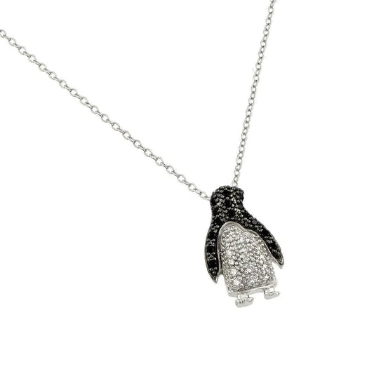 Silver 925 Rhodium Plated Clear and Black CZ Stone Penguin Pendant Necklace