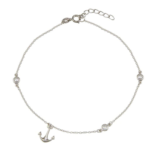 Silver 925 Rhodium Plated Anchor Anklet with CZ