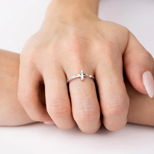Sterling Silver CZ Diamond Cut Open Cross Ring