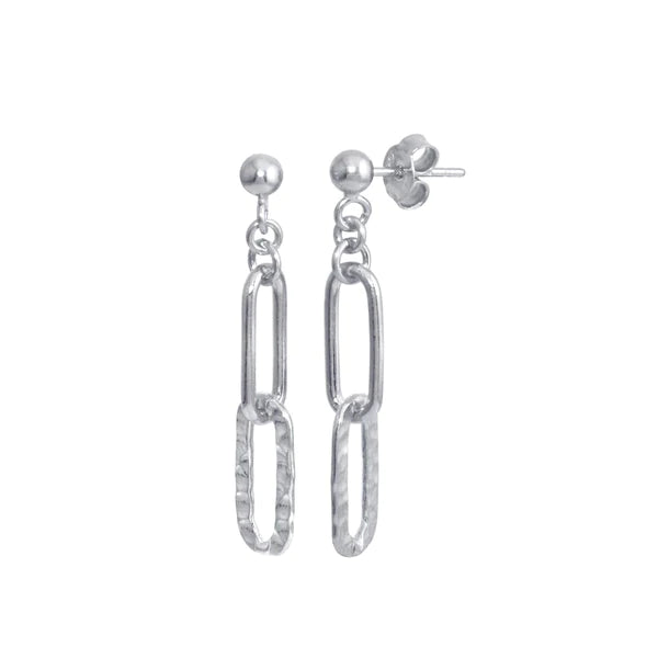 Sterling Silver 925 Rhodium Plated Dangling Ball Textured Paperclip Earrings