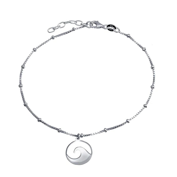Silver 925 Rhodium Plated Disc Wave Design Beaded Box Chain Anklet