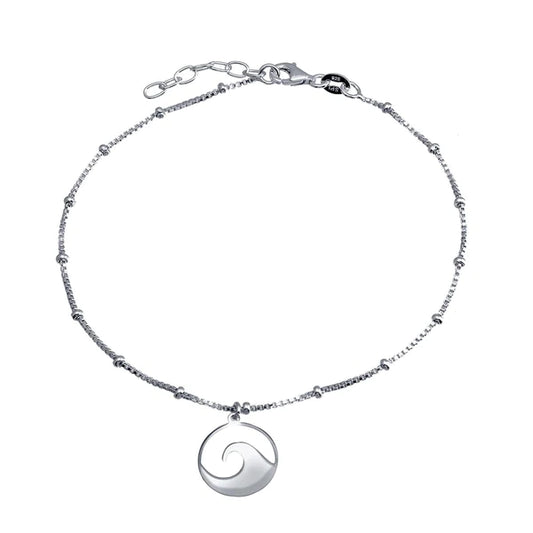 Silver 925 Rhodium Plated Disc Wave Design Beaded Box Chain Anklet