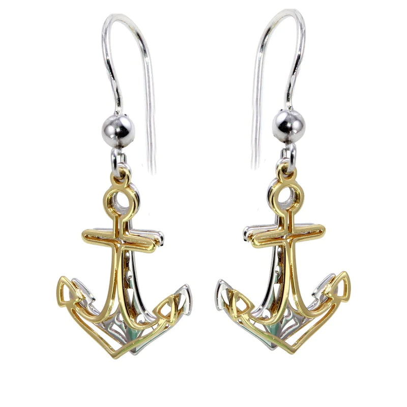 Silver 925 Two-Toned Flat Anchor Earrings