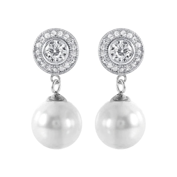Silver 925 Rhodium Plated Pearl CZ Cluster Earrings