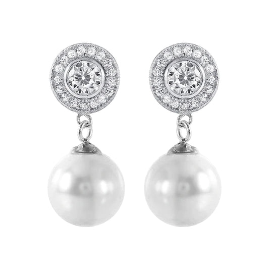 Silver 925 Rhodium Plated Pearl CZ Cluster Earrings