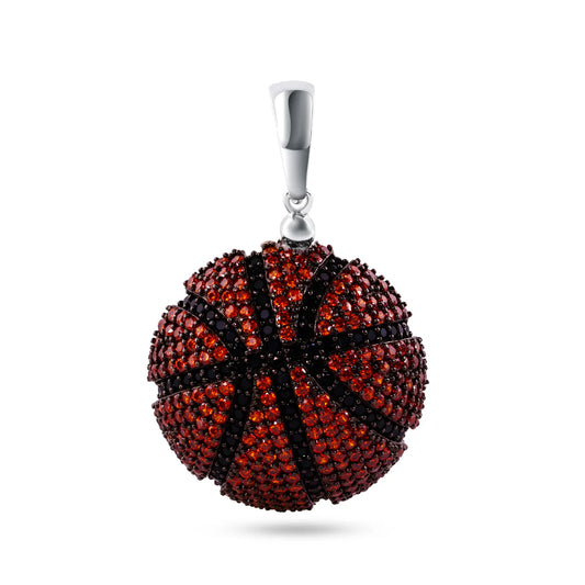 Rhodium Plated 925 Sterling Silver Basketball Black and Orange CZ Pendant