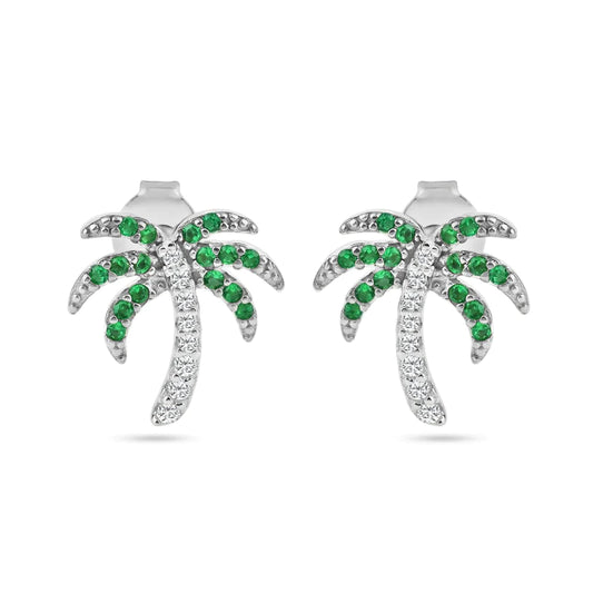 Silver 925 Rhodium Plated PalmTree Clear, Green and Black CZ Stud Earrings
