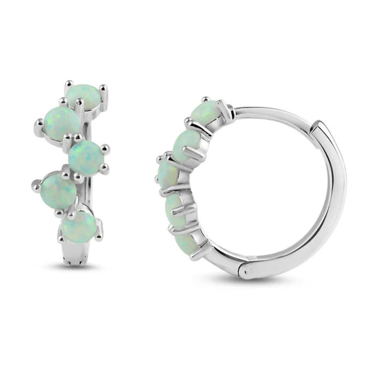 Rhodium Plated 925 Sterling Silver Alternating Opal Hoop Earrings