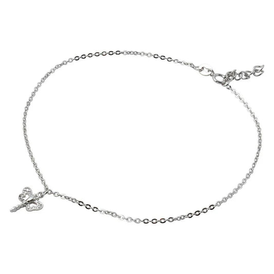 Rhodium Plated 925 Sterling Silver Dangling Dragonfly Anklet with CZ