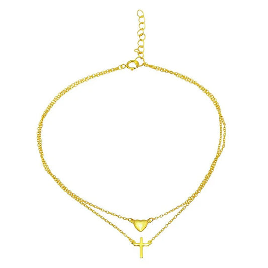 Gold Plated 925 Sterling Silver Cross and Heart Anklet