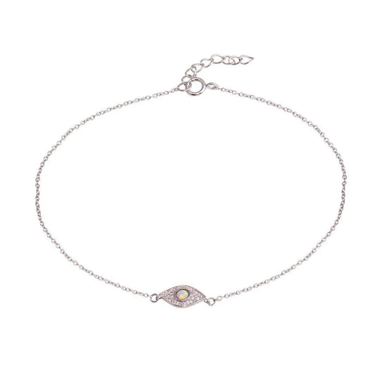 Silver 925 Rhodium Plated Evil Eye CZ Opal Anklet