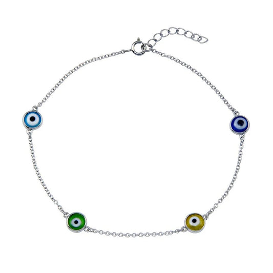 Rhodium Plated 925 Sterling Silver Evil Eye Charm Anklet