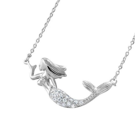 Silver 925 Rhodium Plated Clear CZ Mermaid Necklace