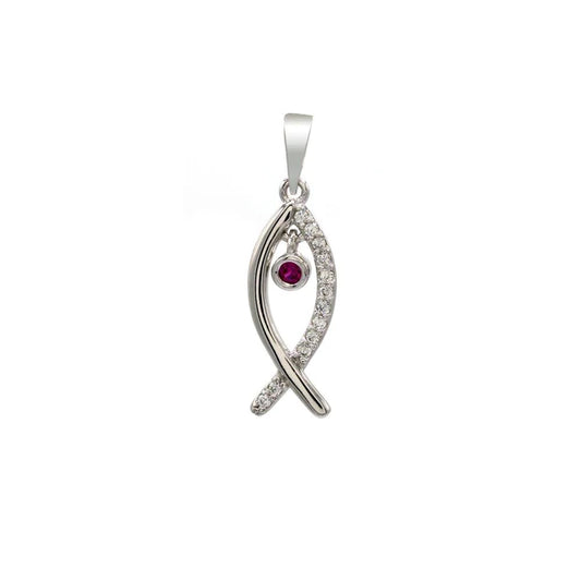 Silver 925 Rhodium Plated Fish Pendant with Clear andPink CZ