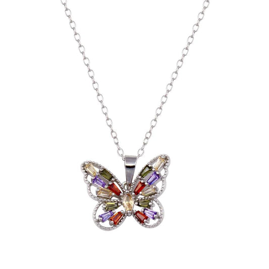 Silver 925 Rhodium Plated Multicolor Baguette Butterfly Necklace