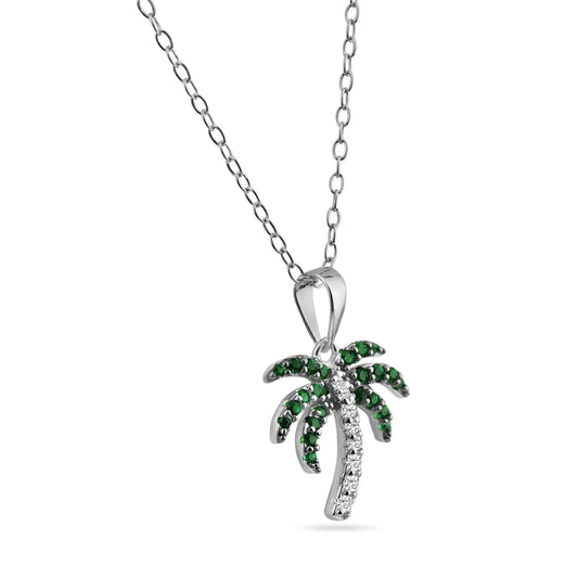 Silver 925 Rhodium Plated Green and Clear Palm Tree Pendant Necklace