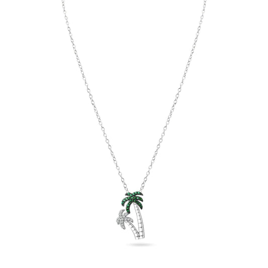 Silver 925 Rhodium Plated Green and Clear Two Palm Tree Pendant Necklace