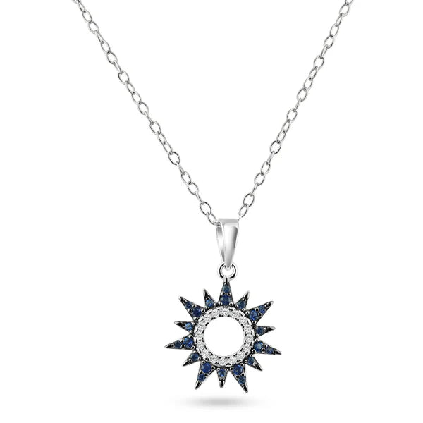 Rhodium Plated 925 Sterling Silver Sun Blue and Clear CZ Pendant Necklace